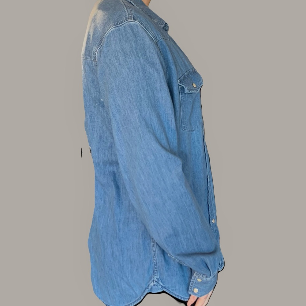 Upcycled Denim bleached Bigfoot or Sasquatch footprint button down shirt. - Picture 13 of 14